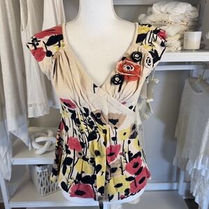 Baraschi women's sz. small fitted knit floral tan top soft girl, botanical #2258